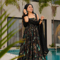 Lovely Black Chinon Floral Digital Printed Casual Gown with Dupatta for Women