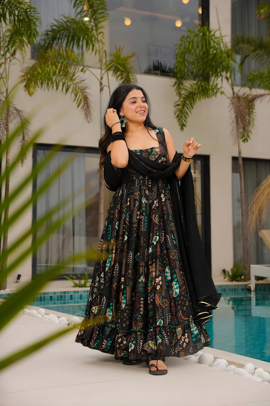 Lovely Black Chinon Floral Digital Printed Casual Gown with Dupatta for Women