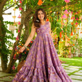 Fancy Lavender Chinon Floral Digital Printed Casual Gown for Women