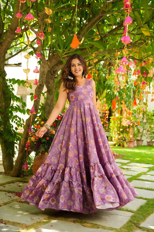 Fancy Lavender Chinon Floral Digital Printed Casual Gown for Women