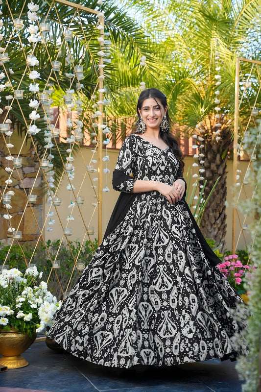 Stylish Black and White Chinon Rayon Digital Printed Casual Gown with Dupatta for Women