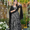 Stylish Black and White Chinon Rayon Digital Printed Casual Gown with Dupatta for Women