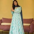 Fantastic Sea Green Rayon Printed Casual Gown with Dupatta for Women