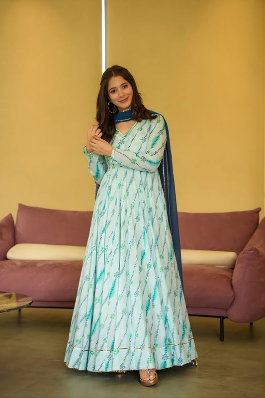 Fantastic Sea Green Rayon Printed Casual Gown with Dupatta for Women