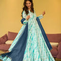 Fantastic Sea Green Rayon Printed Casual Gown with Dupatta for Women