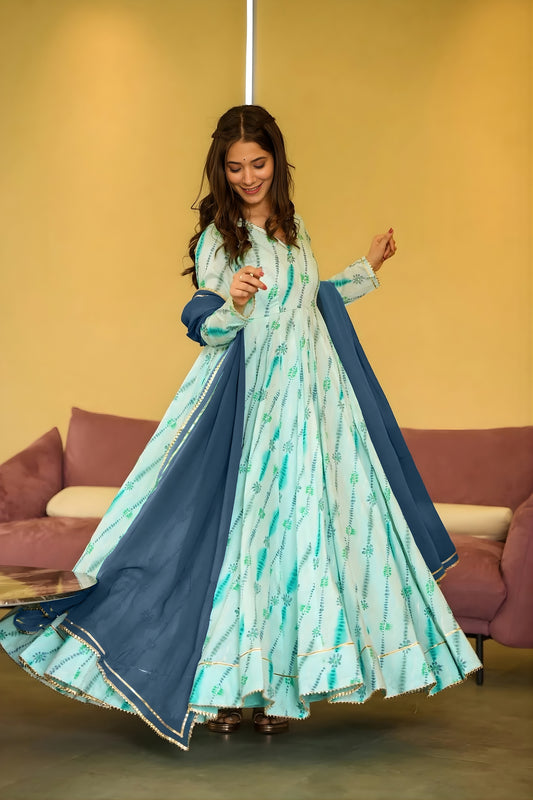 Fantastic Sea Green Rayon Printed Casual Gown with Dupatta for Women