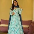 Fantastic Sea Green Rayon Printed Casual Gown with Dupatta for Women
