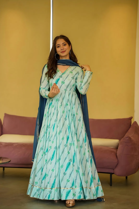 Fantastic Sea Green Rayon Printed Casual Gown with Dupatta for Women