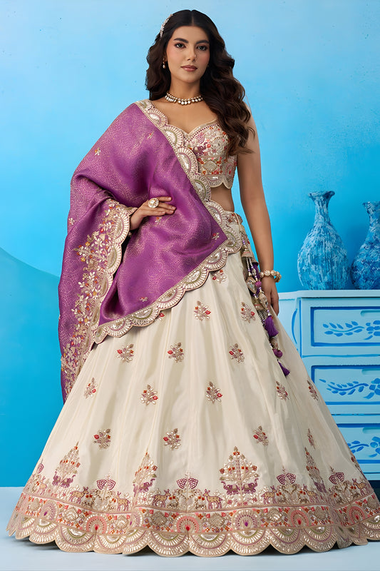 Elegant Off-White Tissue Embroidered Lehenga Choli with Purple Dupatta for Women