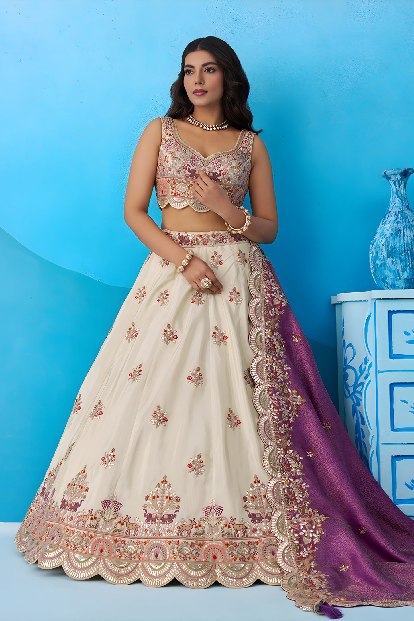 Elegant Off-White Tissue Embroidered Lehenga Choli with Purple Dupatta for Women