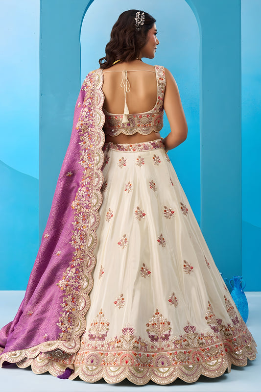 Elegant Off-White Tissue Embroidered Lehenga Choli with Purple Dupatta for Women