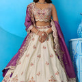 Elegant Off-White Tissue Embroidered Lehenga Choli with Purple Dupatta for Women