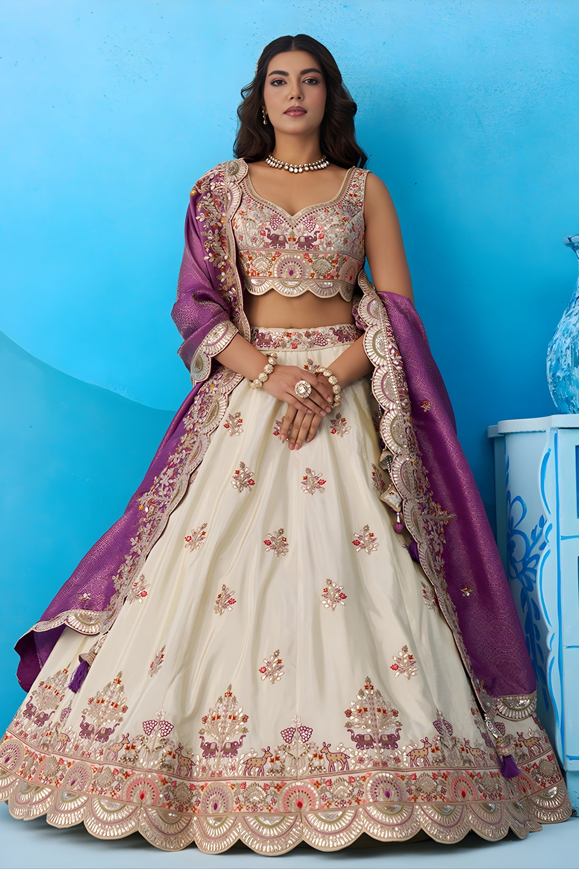 Elegant Off-White Tissue Embroidered Lehenga Choli with Purple Dupatta for Women