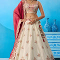 Stunning Off-White Tissue Embroidered Lehenga Choli with Red Dupatta for Women