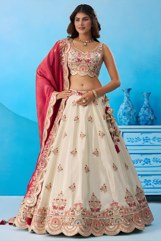 Stunning Off-White Tissue Embroidered Lehenga Choli with Red Dupatta for Women
