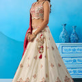 Stunning Off-White Tissue Embroidered Lehenga Choli with Red Dupatta for Women