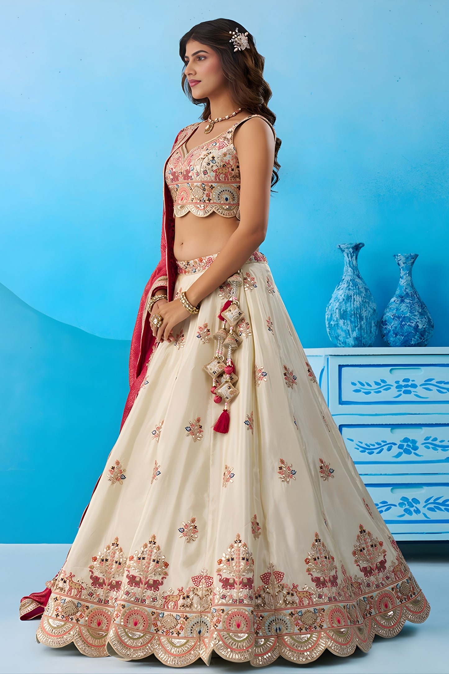 Stunning Off-White Tissue Embroidered Lehenga Choli with Red Dupatta for Women