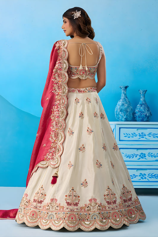 Stunning Off-White Tissue Embroidered Lehenga Choli with Red Dupatta for Women