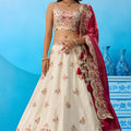Stunning Off-White Tissue Embroidered Lehenga Choli with Red Dupatta for Women