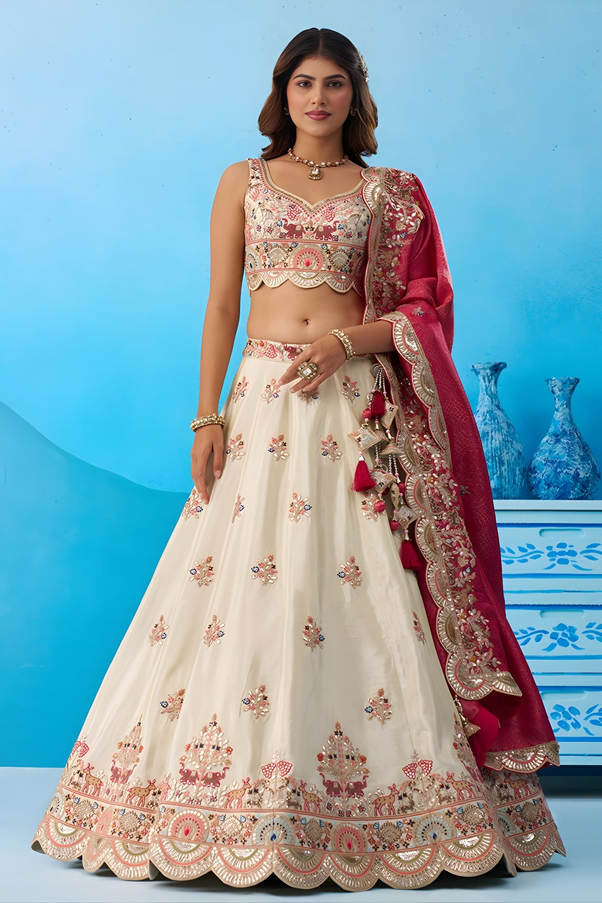 Stunning Off-White Tissue Embroidered Lehenga Choli with Red Dupatta for Women