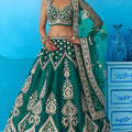 Stylish Rama Green Silk Embroidered Lehenga Choli with Dupatta for Women