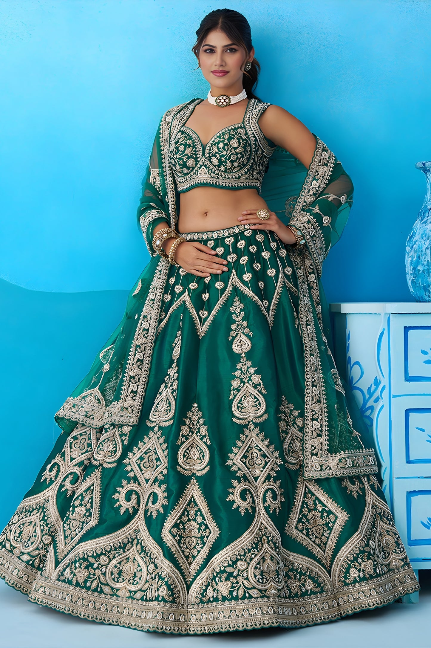 Stylish Rama Green Silk Embroidered Lehenga Choli with Dupatta for Women