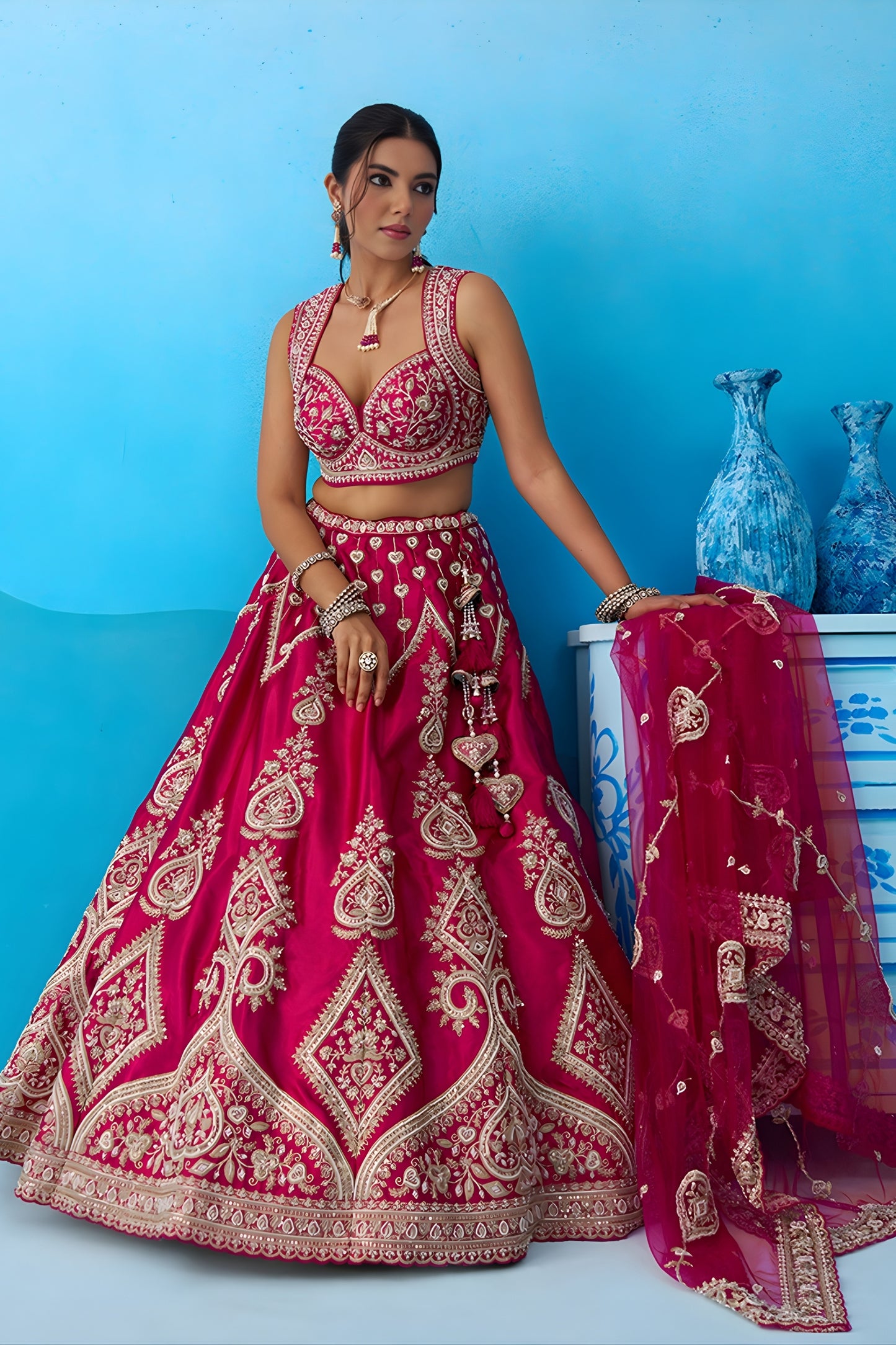 Ideal Rani Pink Silk Embroidered Lehenga Choli with Dupatta for Women