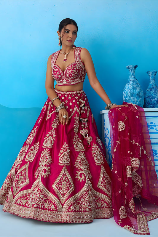 Ideal Rani Pink Silk Embroidered Lehenga Choli with Dupatta for Women