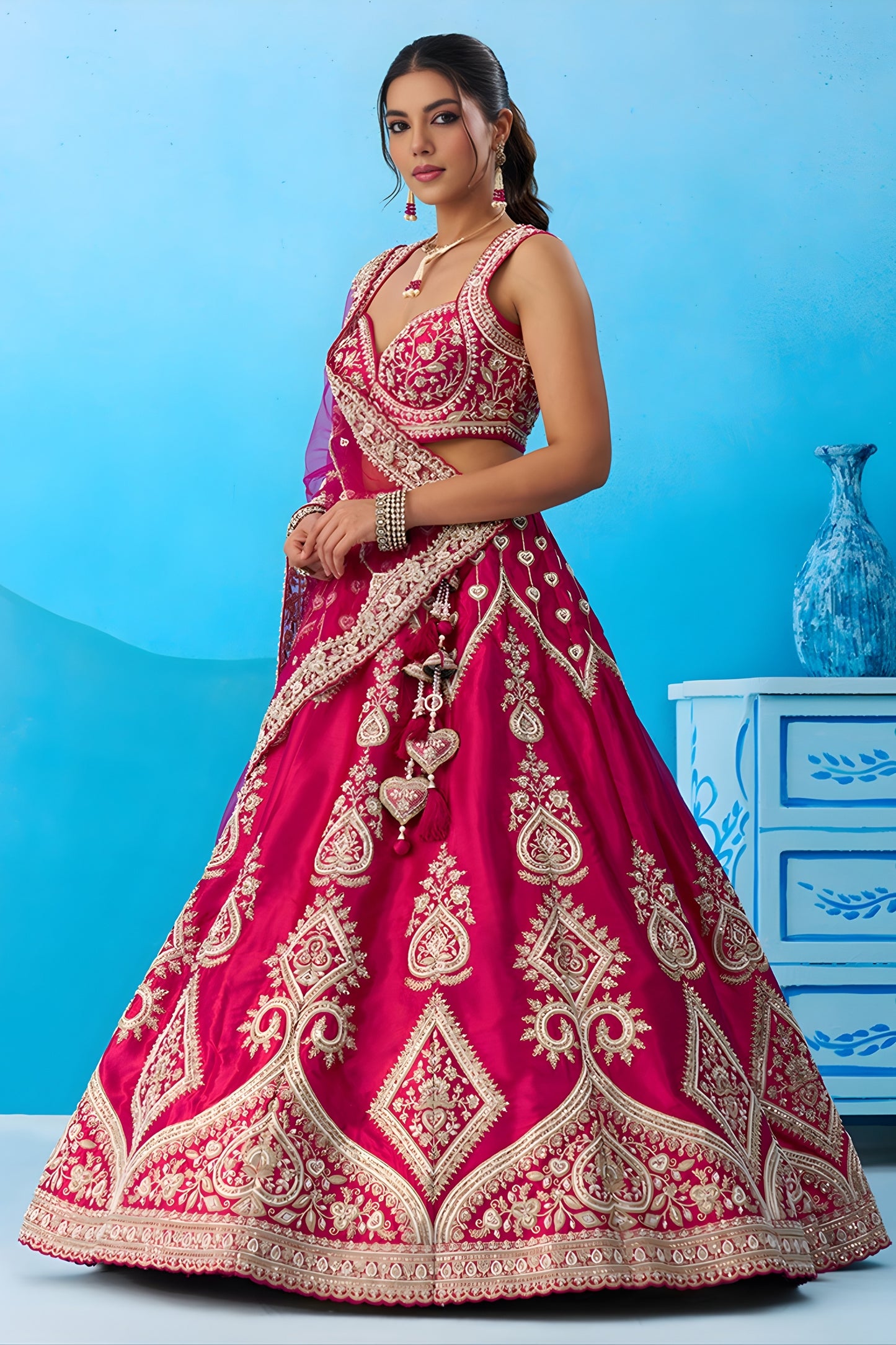 Ideal Rani Pink Silk Embroidered Lehenga Choli with Dupatta for Women