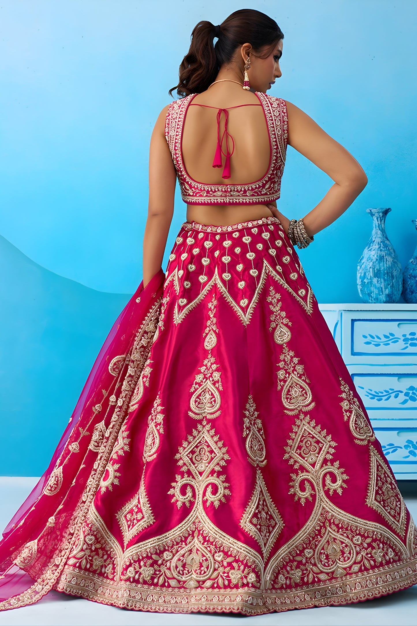 Ideal Rani Pink Silk Embroidered Lehenga Choli with Dupatta for Women