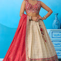 Brilliant Off-White Jacquard Embroidered Lehenga Choli with Red Dupatta for Women