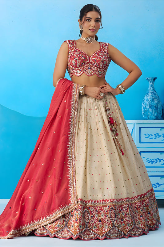 Brilliant Off-White Jacquard Embroidered Lehenga Choli with Red Dupatta for Women