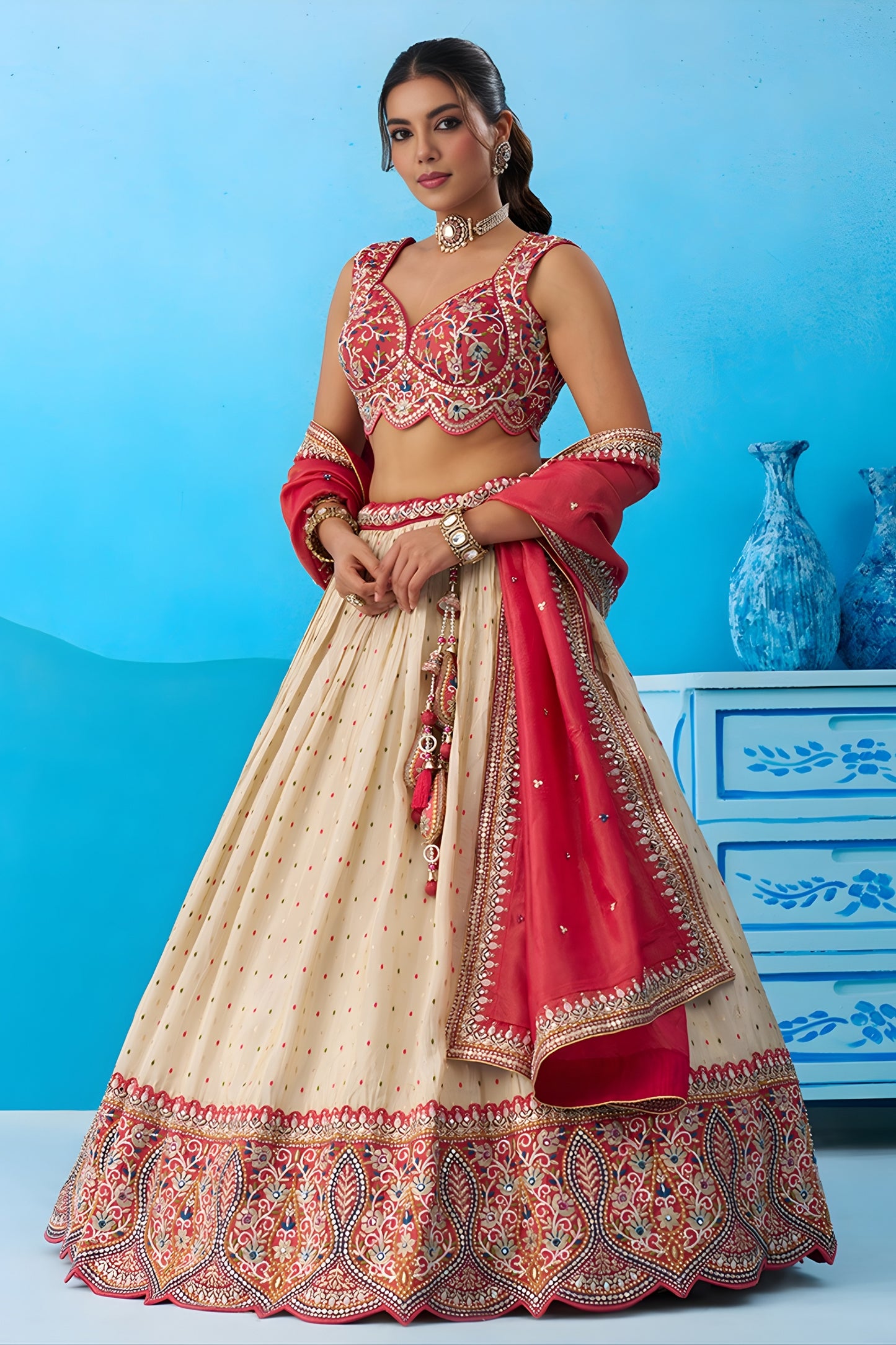 Brilliant Off-White Jacquard Embroidered Lehenga Choli with Red Dupatta for Women