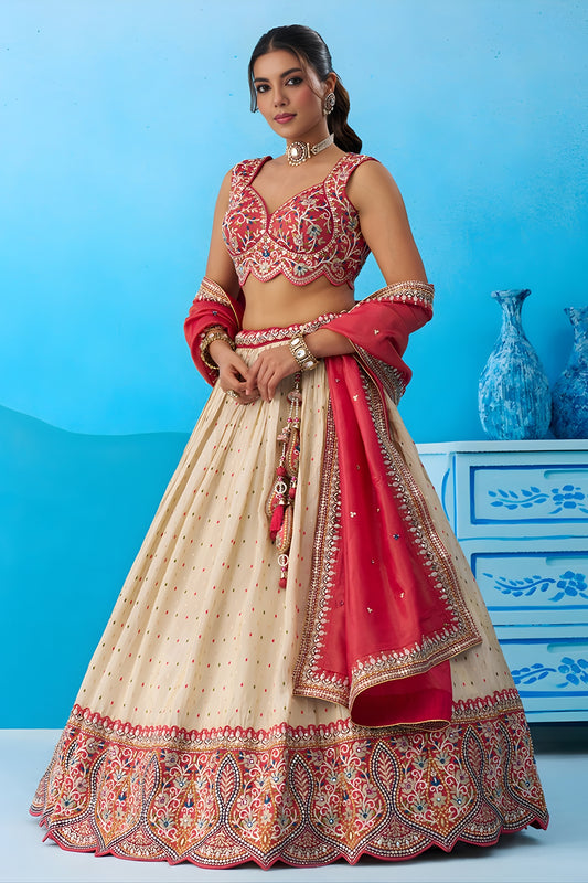 Brilliant Off-White Jacquard Embroidered Lehenga Choli with Red Dupatta for Women