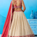 Brilliant Off-White Jacquard Embroidered Lehenga Choli with Red Dupatta for Women