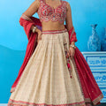 Brilliant Off-White Jacquard Embroidered Lehenga Choli with Red Dupatta for Women
