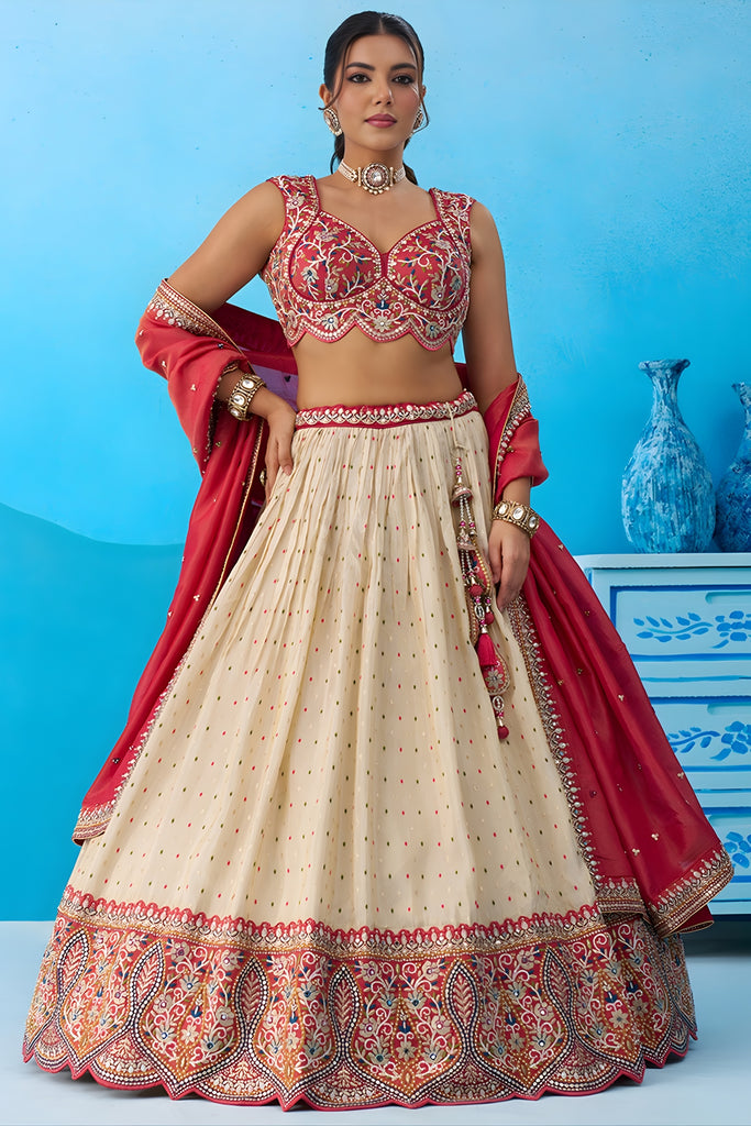Brilliant Off-White Jacquard Embroidered Lehenga Choli with Red Dupatta for Women
