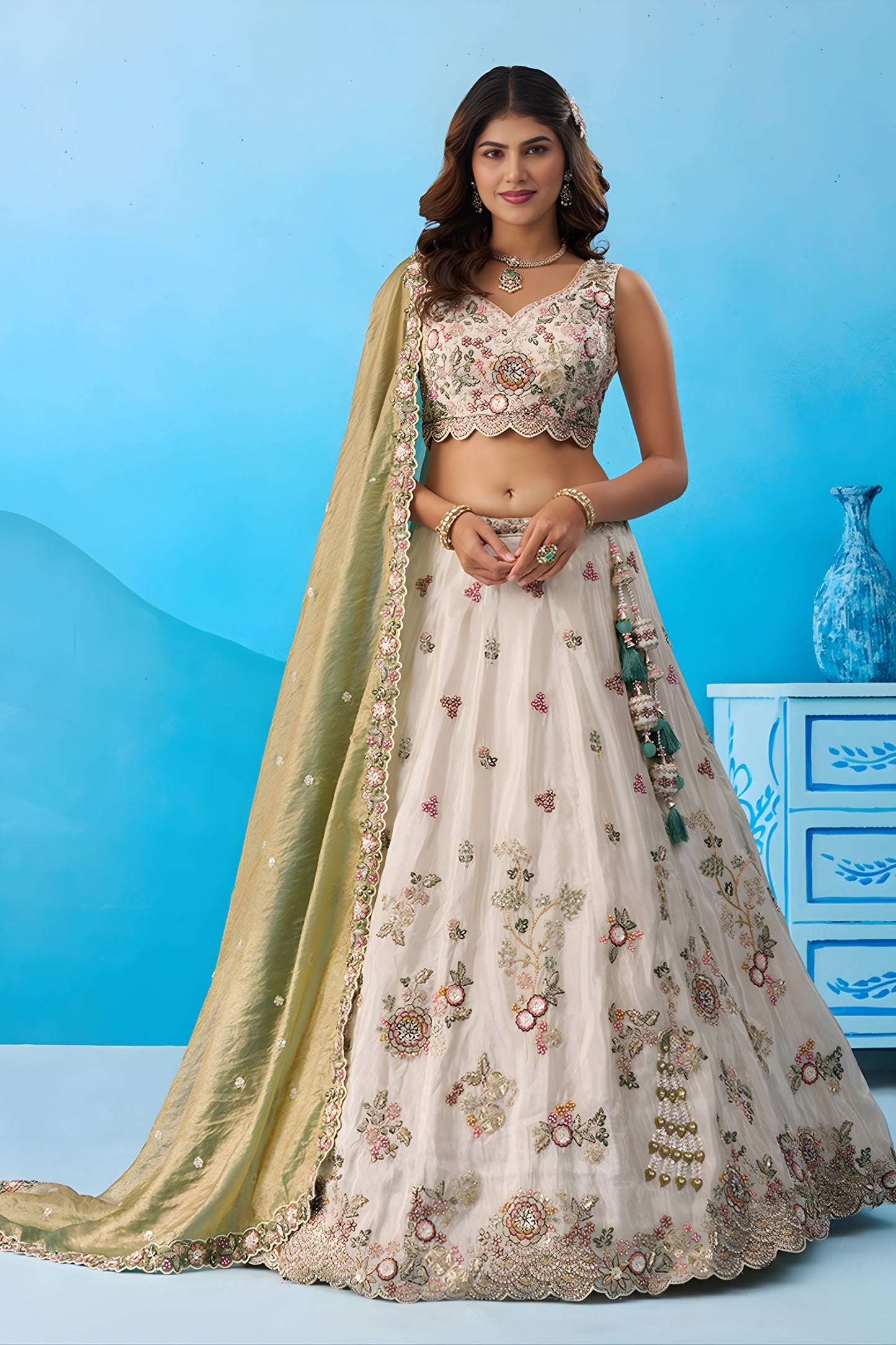 Amazing Off-White Tissue Floral Embroidered Lehenga Choli with Olive Green Dupatta for Women