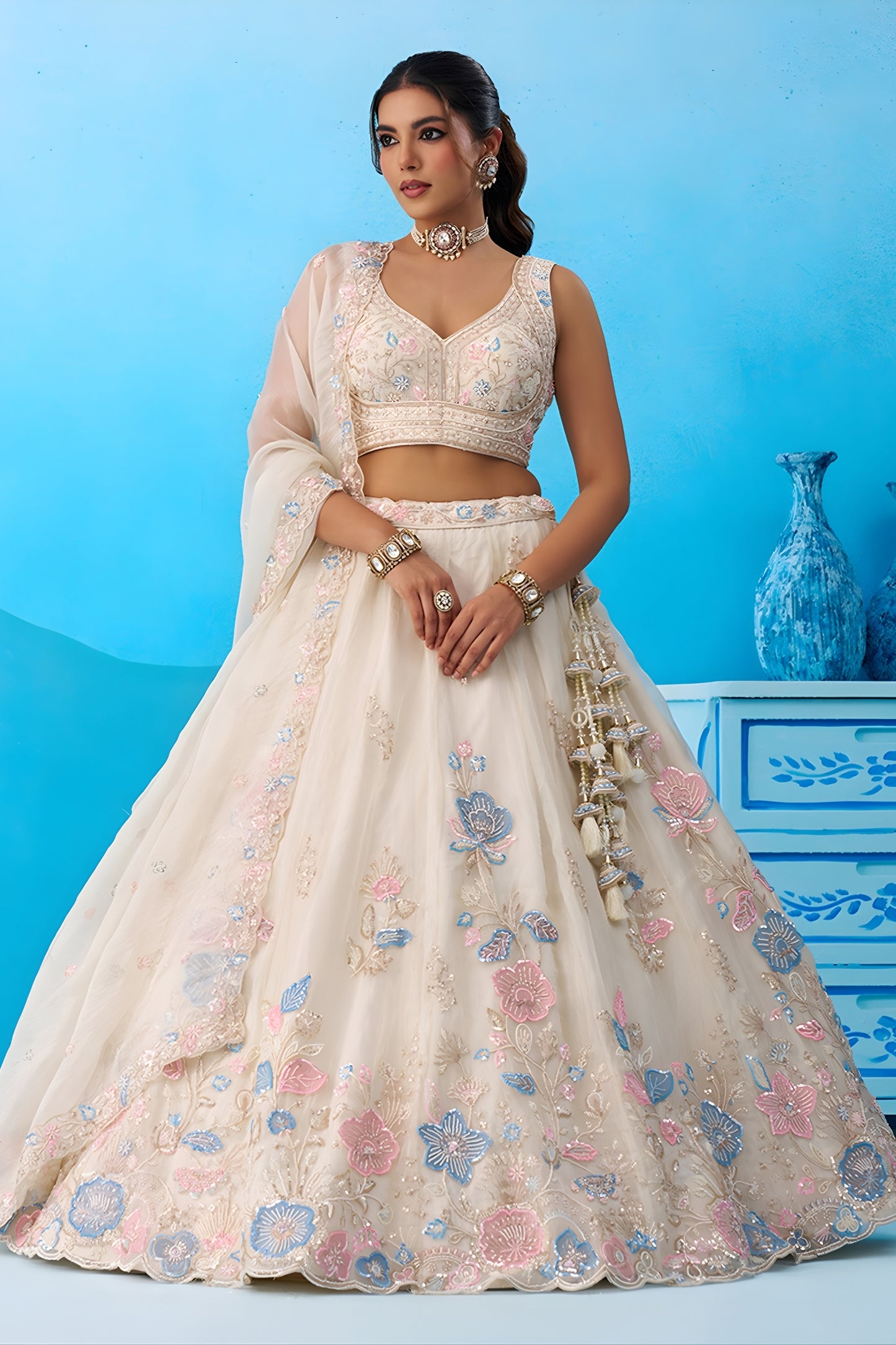 Fancy Off-White Tissue Floral Embroidered Lehenga Choli with Dupatta for Women