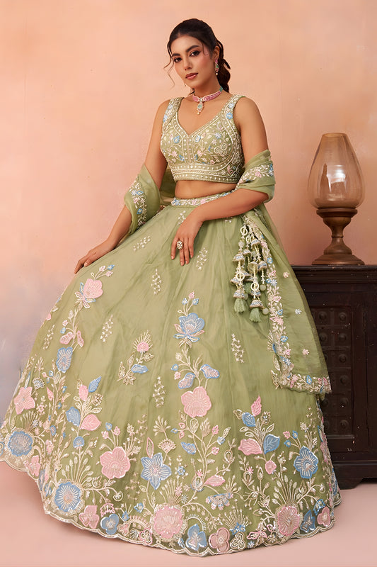 Imperial Pista Green Tissue Floral Embroidered Lehenga Choli with Dupatta for Women