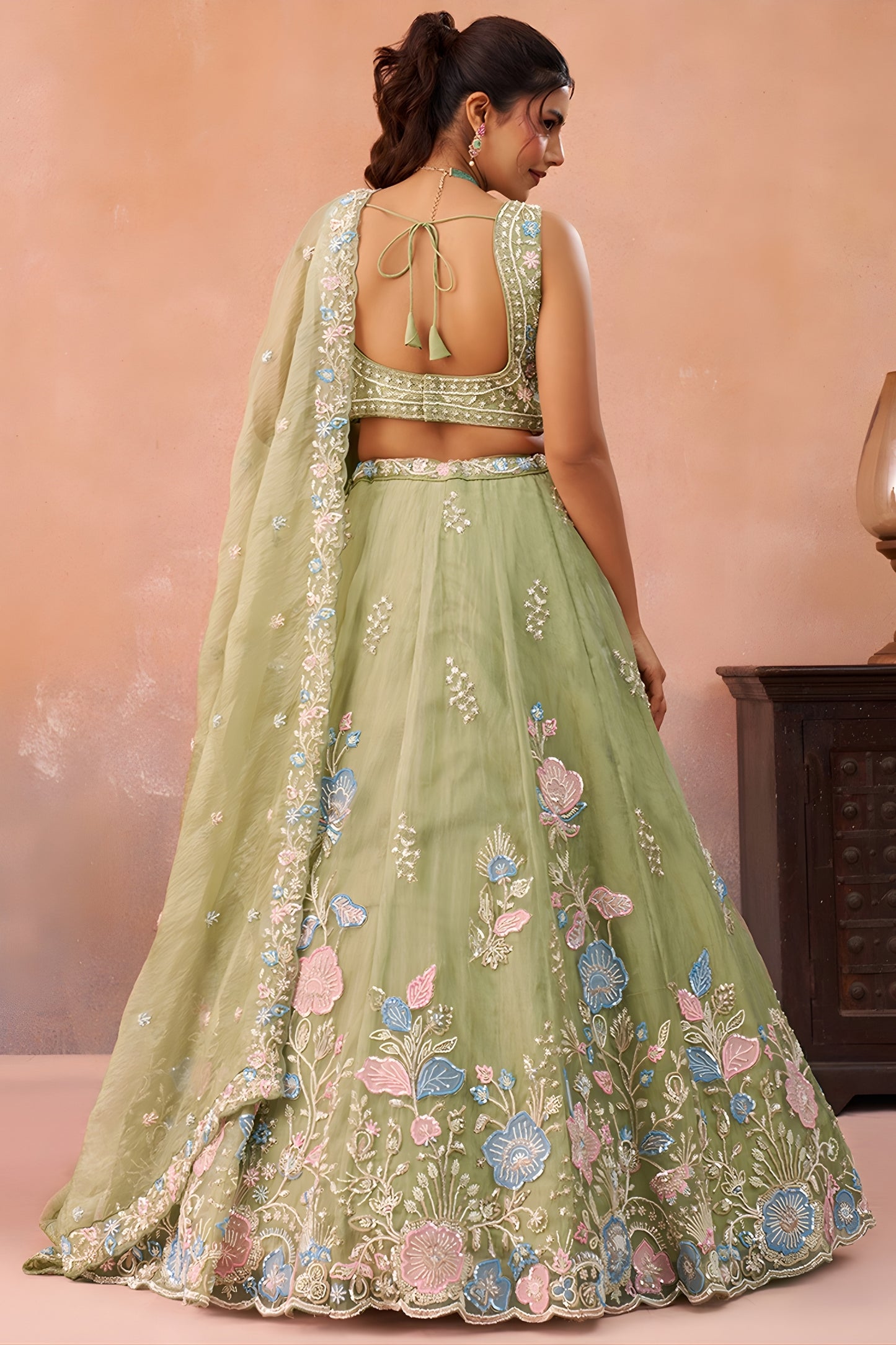 Imperial Pista Green Tissue Floral Embroidered Lehenga Choli with Dupatta for Women