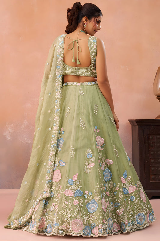 Imperial Pista Green Tissue Floral Embroidered Lehenga Choli with Dupatta for Women