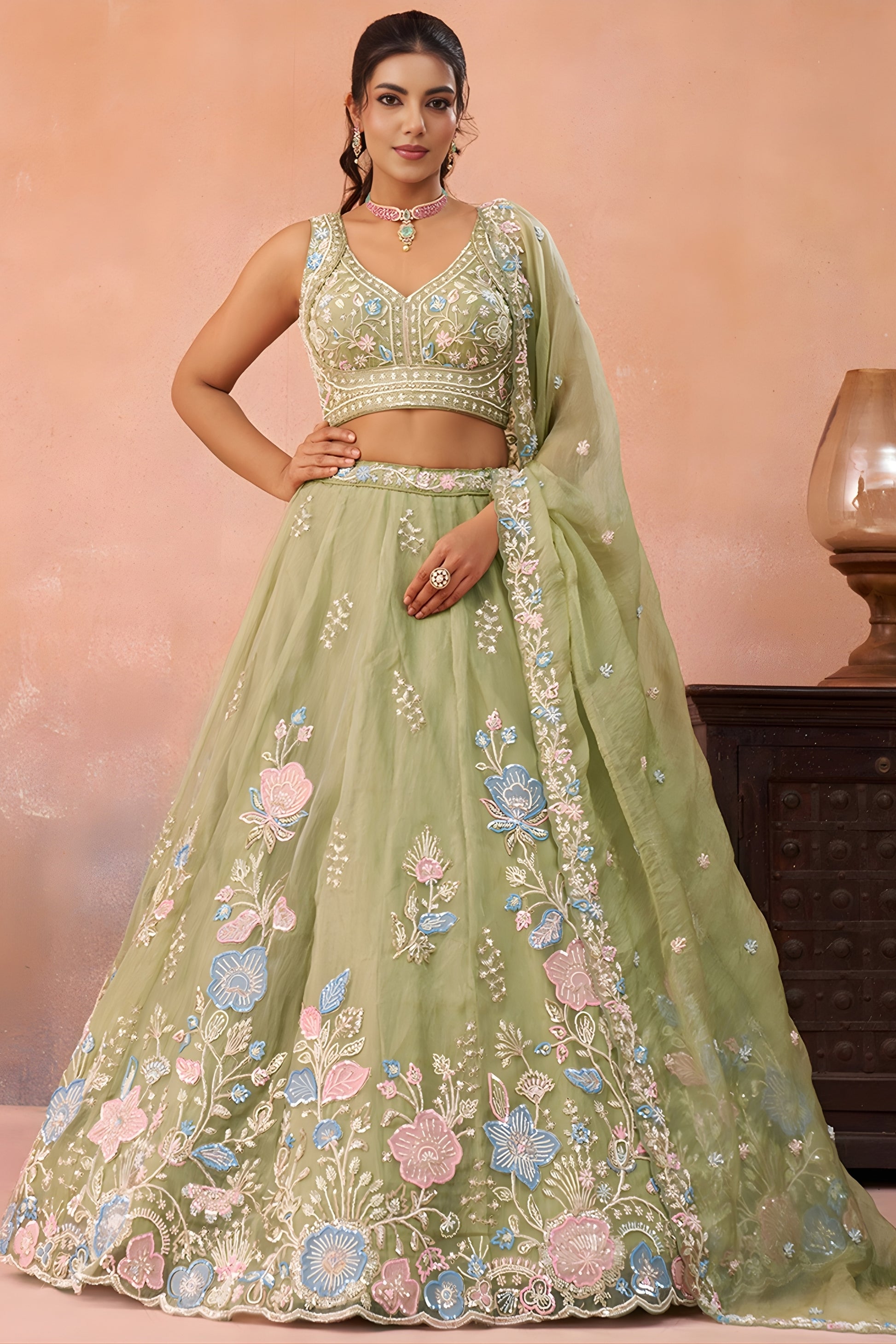 Imperial Pista Green Tissue Floral Embroidered Lehenga Choli with Dupatta for Women