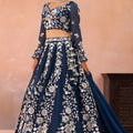 Graceful Navy Blue Organza Floral Embroidered Lehenga Choli with Dupatta for Women