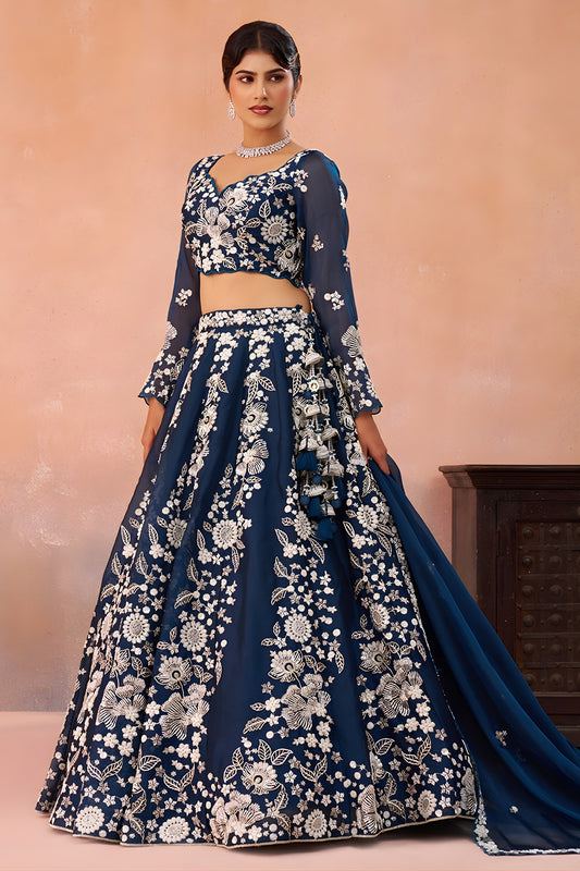 Graceful Navy Blue Organza Floral Embroidered Lehenga Choli with Dupatta for Women