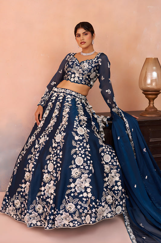 Graceful Navy Blue Organza Floral Embroidered Lehenga Choli with Dupatta for Women