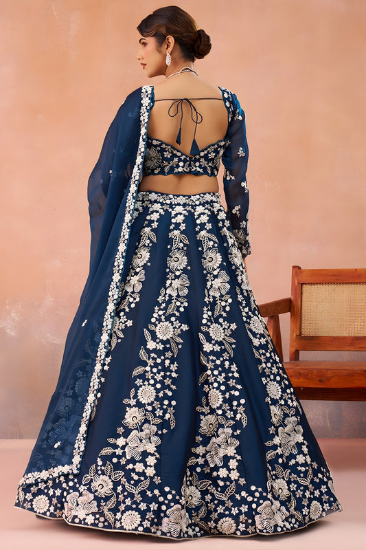 Graceful Navy Blue Organza Floral Embroidered Lehenga Choli with Dupatta for Women