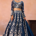 Graceful Navy Blue Organza Floral Embroidered Lehenga Choli with Dupatta for Women