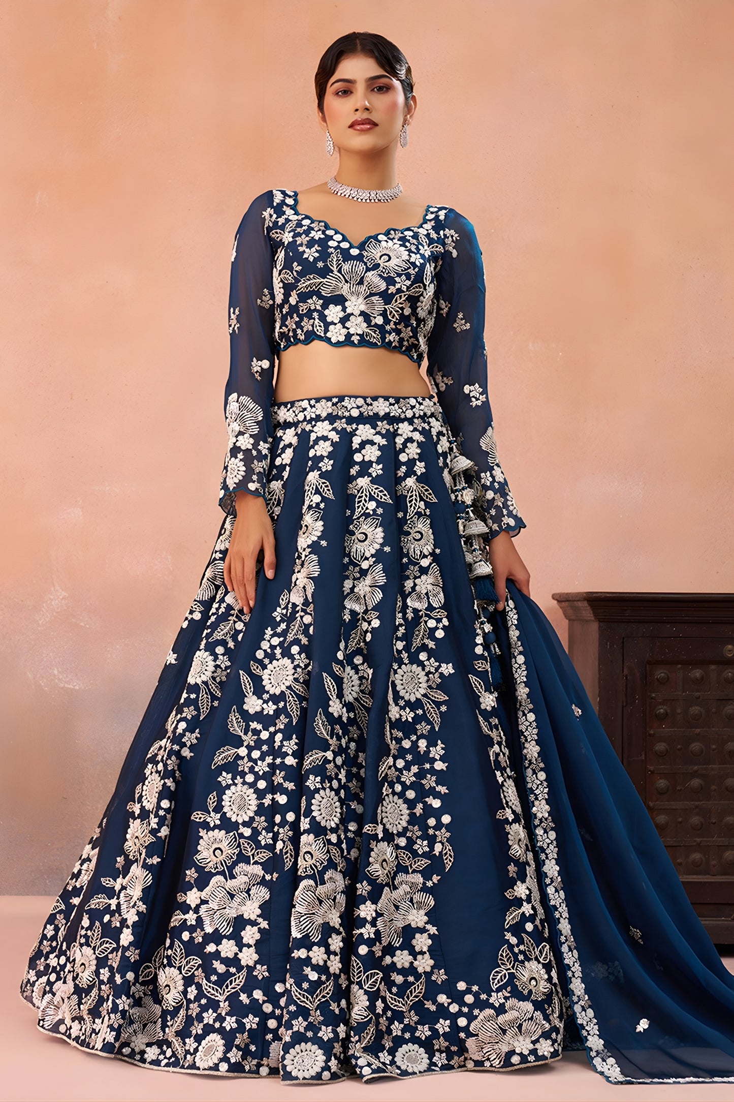 Graceful Navy Blue Organza Floral Embroidered Lehenga Choli with Dupatta for Women