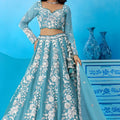 Wonderful Sky Blue Organza Floral Embroidered Lehenga Choli with Dupatta for Women